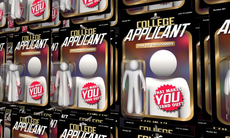 Rows of packaged generic figures labeled “College Applicant: One of Thousands” with text asking, “What makes you stand out?” Each package features a blank white figure and a spot for a face, highlighting the challenge of individuality.