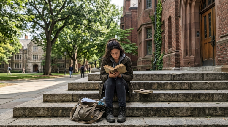 Knox College – A Hotbed of Progressive Thinking A young woman sits on wide stone steps reading a book, with an open tote bag and another book beside her. Brick buildings line the right side, while leafy trees and a sunlit campus lawn stretch into the background, creating a calm academic setting.
