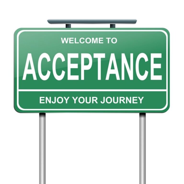 A green road sign with the words Welcome to Acceptance in large letters and Enjoy your journey in smaller text below. The sign is supported by two gray poles.