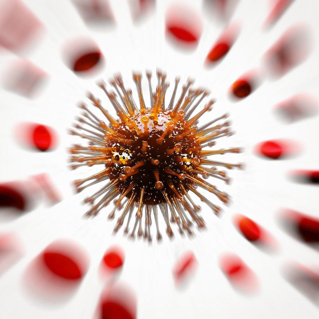 Brown coronavirus covid 19 flies through blood cells. Artistic motion effect. 3D rendering