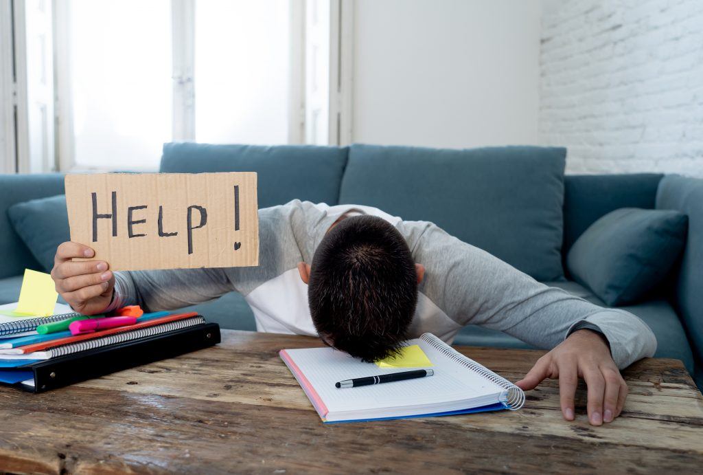 Young tired and stressed student working on his homework, masters feeling desperate and frustrated asking for help. In over Education, learning difficulties, finals exams and emotional stress concept.