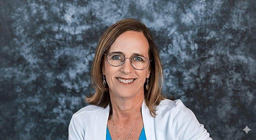 A headshot of a smiling woman with shoulder-length blonde hair and glasses, wearing a blue top, a white cardigan, and a heart-shaped necklace, centered against a mottled blue and grey studio backdrop.