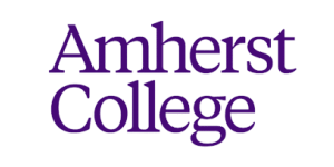 The words Amherst College are written in large, bold, purple letters on a light gray background.