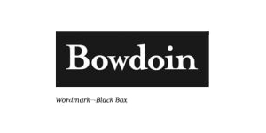 The word Bowdoin in white serif font inside a solid black rectangle. Below, the text reads Wordmark—Black Box in italics.