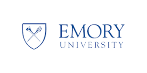 Emory University logo featuring a blue shield with a torch and trumpet crossed inside it, next to the words Emory University in blue text.