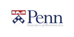 The University of Pennsylvania logo featuring a blue shield with white symbols and a red border on the left, and the text Penn University of Pennsylvania on the right.