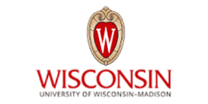 The University of Wisconsin–Madison logo features a red shield with a white W and a decorative gold border. Below the shield, WISCONSIN and University of Wisconsin–Madison are written in red text.