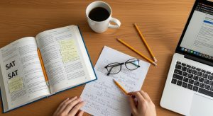 Book with SAT written on the page, a student calculating their SAT score on a sheet of paper