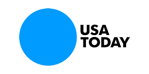 The USA TODAY logo, featuring the brand name in a bold sans-serif font next to a large blue circle.