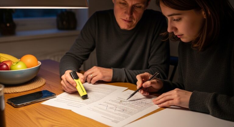 A father and daughter, both wearing cozy dark sweaters, sit at a wooden table illuminated by a warm overhead light. The daughter focuses intently on a document, marking it with a black pen, while the father highlights text with a bright yellow highlighter. A bowl of colorful fruit rests nearby, adding a touch of vibrancy to the scene.