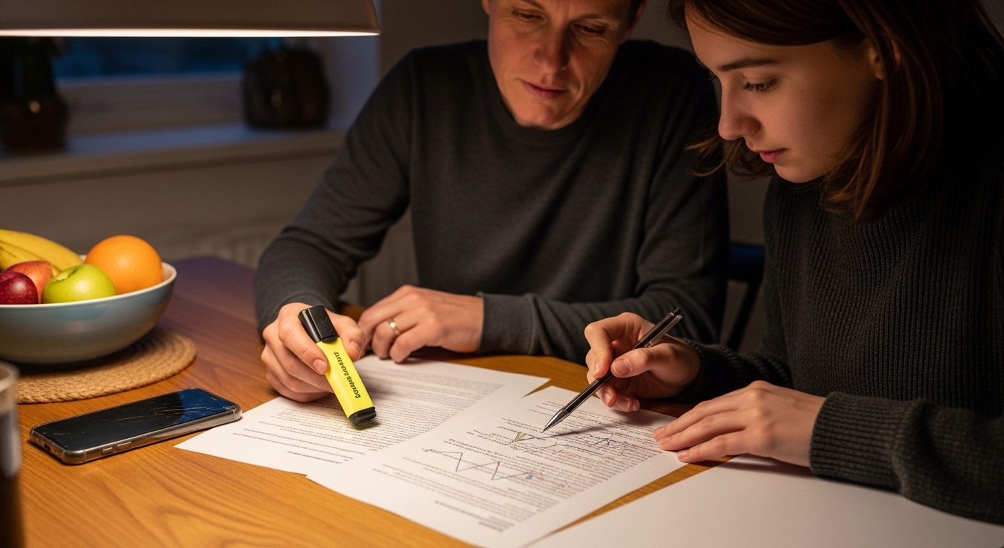 A father and daughter, both wearing cozy dark sweaters, sit at a wooden table illuminated by a warm overhead light. The daughter focuses intently on a document, marking it with a black pen, while the father highlights text with a bright yellow highlighter. A bowl of colorful fruit rests nearby, adding a touch of vibrancy to the scene.