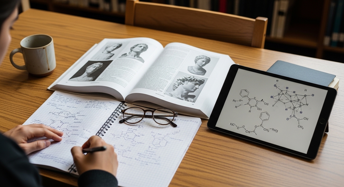 A student sits at a wooden table, deeply engaged in study. To the left, a cup rests beside an open textbook featuring black-and-white portraits. An open notebook displays handwritten notes and chemical diagrams, while a tablet on the right shows detailed molecular structures, creating a scholarly atmosphere.