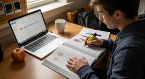 Top Pre-Med Schools in the US A young man in a navy hoodie studies at a wooden desk, highlighting text in an open textbook filled with anatomical illustrations. Beside him, a silver laptop displays a document, while a steaming white mug and a red apple rest nearby, surrounded by warm, natural light.