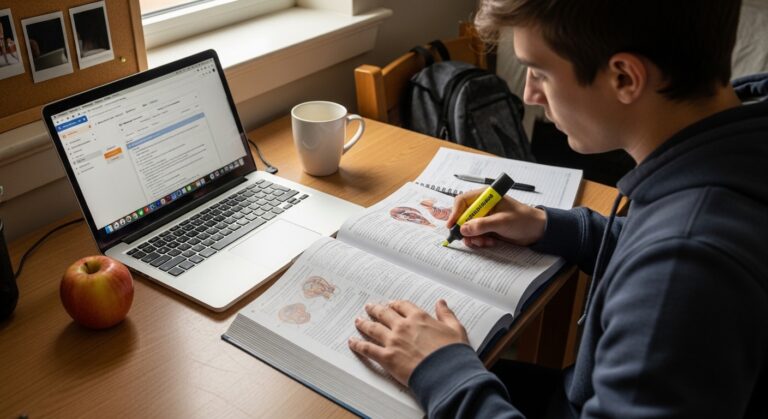 A young man in a navy hoodie studies at a wooden desk, highlighting text in an open textbook filled with anatomical illustrations. Beside him, a silver laptop displays a document, while a steaming white mug and a red apple rest nearby, surrounded by warm, natural light.