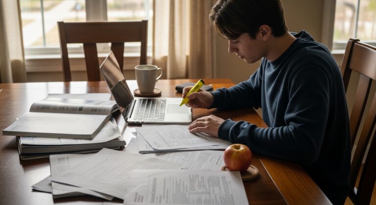 A young man wearing a navy blue sweater sits at a wooden table focused on his laptop, surrounded by scattered sheets of paper. He writes with a yellow pen, an apple on a small plate beside him, while warm sunlight filters through the curtains, illuminating the cozy room.