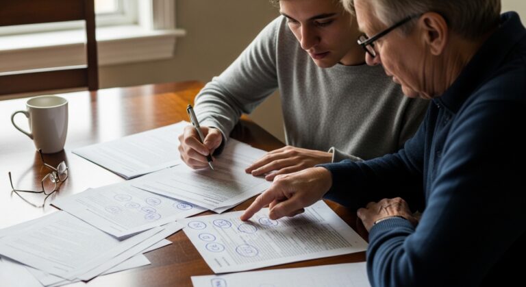 A young man dressed in a gray sweater diligently notes on a document, while an older man in a navy blue sweater gestures towards a sheet filled with circles on a polished wooden table. A white coffee mug sits nearby, illuminated by soft, natural light streaming through a window.