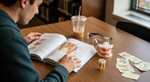 What Is Pre-Dental A student in a green hoodie focuses on an open textbook featuring detailed diagrams of human anatomy, resting on a polished wooden table. Nearby, a model of teeth displays dental structure, accompanied by colorful sticky notes and a clear plastic tumbler filled with iced coffee, suggesting a studious atmosphere.
