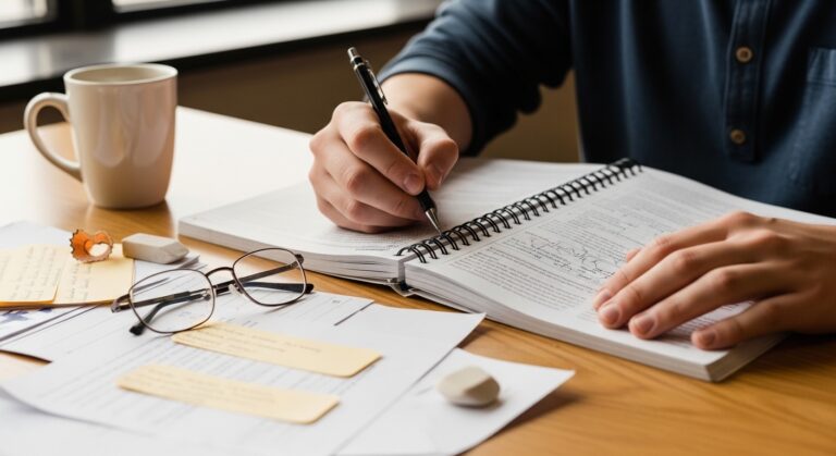A pair of hands engaged in writing on a spiral-bound notebook, accompanied by a warm coffee mug on a wooden table. Glasses rest beside scattered documents and notes, adding an academic touch to the cozy study space, illuminated by soft natural light filtering through the window.