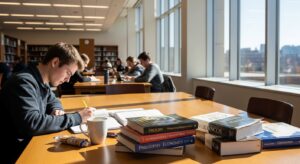 In a bright library filled with natural light, a young man in a dark hoodie writes intently at a wooden table. Stacked beside him are several thick textbooks labeled 'History,' 'Philosophy,' and 'Economics.' Other students are seen engaged in study at nearby tables, surrounded by rows of bookshelves.