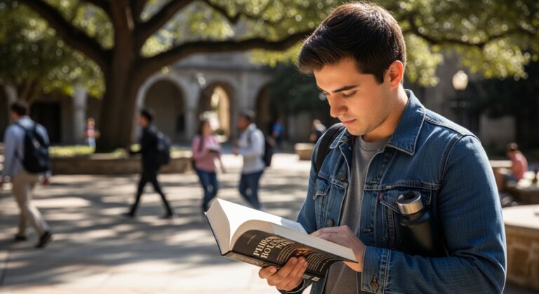 A young man in a denim jacket stands outdoors, engrossed in reading a book. Sunlight filters through the expansive leaves of a large tree, creating dappled light on the brick pathway. Around him, fellow students walk casually, adding a sense of campus life.