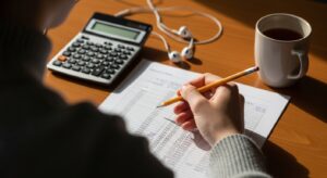 A close-up view of a person’s hand holding a yellow pencil, poised over a printed spreadsheet filled with numerical data. A black calculator lies nearby, accompanied by white earbuds resting on a smooth wooden surface. A white coffee mug, steaming slightly, adds warmth to the scene, illuminated by soft sunlight.