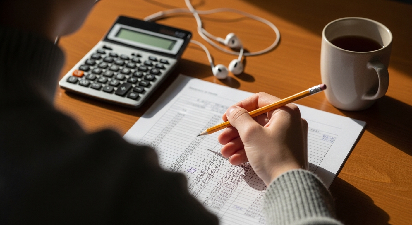 A close-up view of a person’s hand holding a yellow pencil, poised over a printed spreadsheet filled with numerical data. A black calculator lies nearby, accompanied by white earbuds resting on a smooth wooden surface. A white coffee mug, steaming slightly, adds warmth to the scene, illuminated by soft sunlight.
