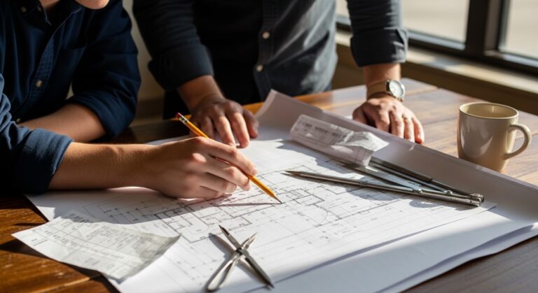 Two hands hover over detailed architectural blueprints spread across a polished wooden table. A person holds a pencil poised to sketch, while the other gestures towards the plans. Nearby, tools like compasses and a ruler glisten under natural light, and a coffee mug adds a warm touch to the scene.