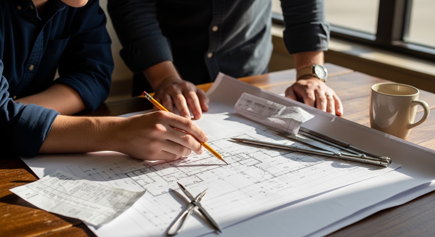Two hands hover over detailed architectural blueprints spread across a polished wooden table. A person holds a pencil poised to sketch, while the other gestures towards the plans. Nearby, tools like compasses and a ruler glisten under natural light, and a coffee mug adds a warm touch to the scene.