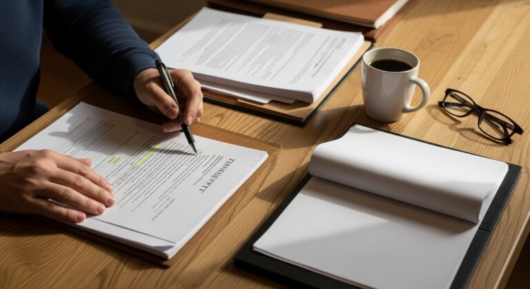 A close-up of a wooden desk bathed in warm, natural light. A hand with a black pen highlights text on a document titled 'Transmittal'. Nearby, a sleek black folder holds crisp, blank pages, while a white cup of coffee sits beside dark-rimmed glasses, creating a focused workspace ambiance.