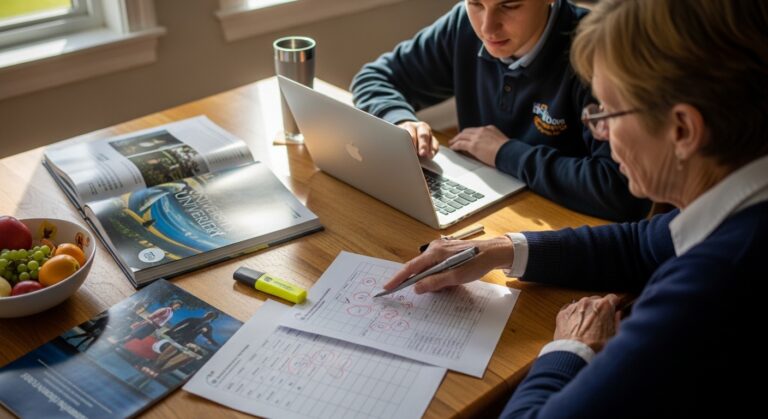 A cozy study scene features a wooden table filled with educational materials. A young student in a navy sweater focuses intently on a laptop, while an elderly woman, wearing glasses, reviews paperwork. A bowl of colorful fruit sits nearby, adding vibrancy to the warm, sunlit atmosphere.