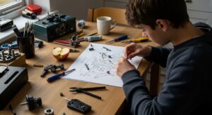 A well lopsided student, focused intently on his work, sits at a wooden table cluttered with tools, blueprints, and mechanical parts. Sunlight filters through a nearby window, illuminating the scattered components, including an apple and a steaming mug of coffee, creating a productive atmosphere.