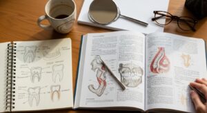 Which Are the Best Schools in the US Offering Pre-Dental Programs A wooden desk displays an open anatomy textbook, revealing detailed illustrations of teeth and facial anatomy. Beside it, a sketchbook features hand-drawn teeth diagrams. A silver pen rests atop the book, and a steaming cup of coffee sits nearby, reflecting a cozy study atmosphere.