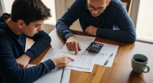 Understanding Financial Aid Award Letters A teenage boy in a navy sweater and a man wearing glasses and a dark shirt sit at a wooden table covered with printed documents. They focus intently on a paper, with the boy pointing at a graph while the man gestures with his hand. A calculator and a cup of coffee sit nearby, enhancing the study atmosphere.