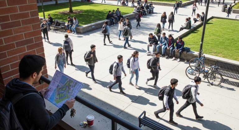 A bustling university campus scene captures students walking along wide walkways,  many with backpacks and engaged in conversation. In the foreground, a student examines a map, while groups gather on grassy areas and benches, surrounded by a vibrant spring atmosphere.
