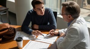 A young man, dressed in a navy sweater, attentively listens as a doctor wearing a white lab coat gestures toward detailed medical charts on a wooden table. Sunlight floods the modern space, highlighting the soft textures of their clothes and the sleek surfaces of the documents.