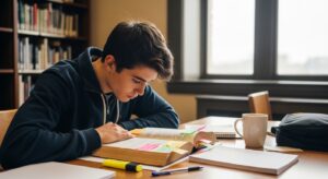 Top Pre-Law Schools to Consider Applying to A young man with dark hair, dressed in a navy blue hoodie, leans over an open book on a wooden study table. Neon sticky notes peek from the pages, while a mug sits nearby, surrounded by scattered notebooks and a highlighter, creating an atmosphere of focused study in a well-lit library.