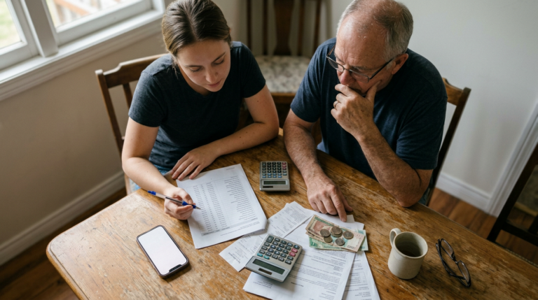 A young woman and an older man lean over paperwork at a worn wooden table, reviewing figures with two calculators, a smartphone, scattered bills, and a coffee mug. Soft daylight from a nearby window highlights the papers and warm wood grain, creating a focused, practical scene.