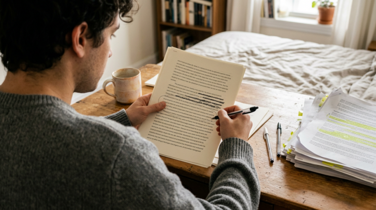 A young man with curly hair sits at a wooden desk, reviewing a manuscript page filled with handwritten edits. He holds a pen in one hand, concentrating on the text. Beside him, a ceramic mug rests next to scattered papers, some marked with fluorescent highlights, creating a cozy, productive atmosphere in a softly lit room.