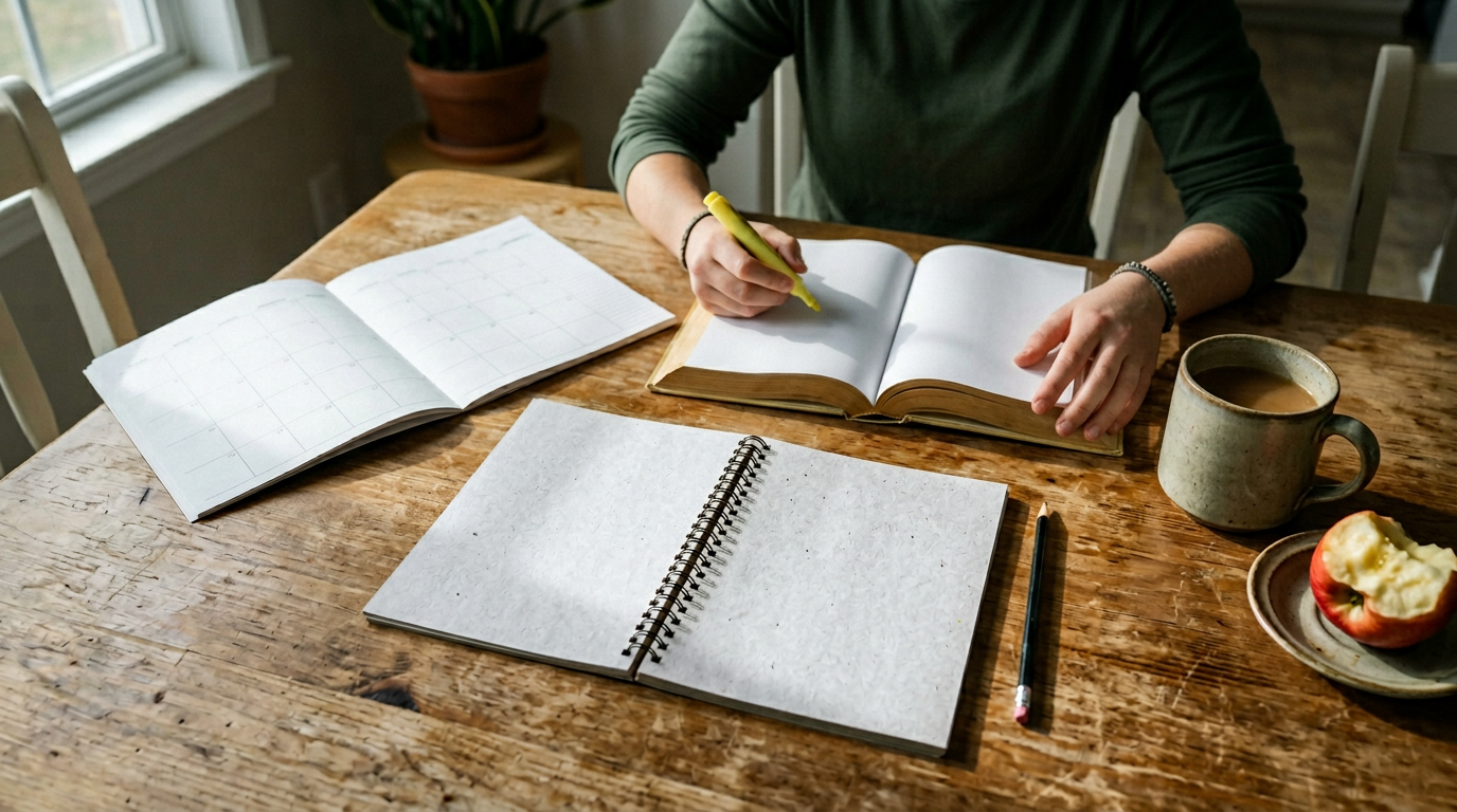 A cozy workspace features a rustic wooden table where a person with a green sweater writes in an open book using a yellow highlighter. An empty spiral notebook lies beside a slightly open calendar, while a cup of coffee and a plate with half an apple add a touch of warmth.