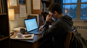 A young man in a gray hoodie sits at a wooden desk, illuminated by a soft lamp glow. His brow is furrowed in concentration as he types on a laptop. Nearby, crumpled paper and an unfinished snack—an oatmeal cookie—add to the cluttered scene, set against a backdrop of warm evening light.