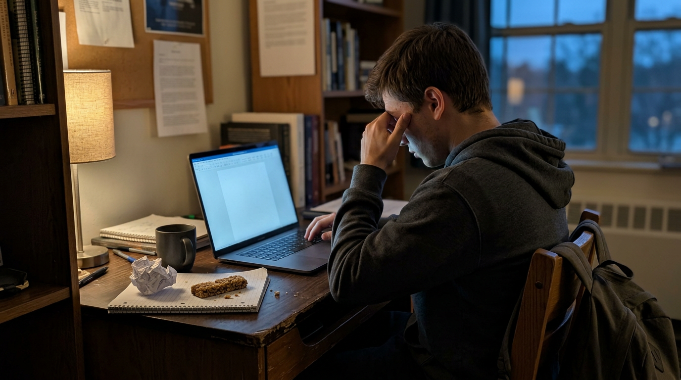 A young man in a gray hoodie sits at a wooden desk, illuminated by a soft lamp glow. His brow is furrowed in concentration as he types on a laptop. Nearby, crumpled paper and an unfinished snack—an oatmeal cookie—add to the cluttered scene, set against a backdrop of warm evening light.