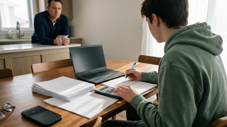 Test-Optional Realities: When Skipping the ACT Makes Sense for International Applicants A young man wearing a gray hoodie sits at a wooden table, focused on his work with a laptop, papers, and a calculator. Nearby, an older man in a navy sweater leans against a kitchen counter, holding a mug, as soft light filters through sheer curtains, creating a calm, productive atmosphere.
