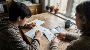 Do Dual Enrollment or AP Classes Look Better on Your Transcript? A young boy in a cozy, striped hoodie highlights text with a yellow highlighter on a wooden table, scattered with papers and a colorful magazine. An adult woman with silver hair gently points to information in the magazine, bathed in soft sunlight filtering through the window, creating a warm, inviting atmosphere.
