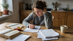 Common App Prompt 3: How to Write About Questioning a Belief In a cozy kitchen, a young woman with tousled hair sits at a rustic wooden table, focusing intently on her notes. Surrounding her are open books, scattered papers filled with handwritten notes, and a vibrant red apple. A warm mug rests nearby, complementing the inviting ambiance.
