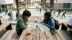 A young man in a green hoodie sits at a rustic wooden table next to a young woman with braided hair, both reviewing colorful pamphlets. They have iced drinks resting nearby. In the background, students walk along a palm-lined pathway, creating a vibrant campus atmosphere.