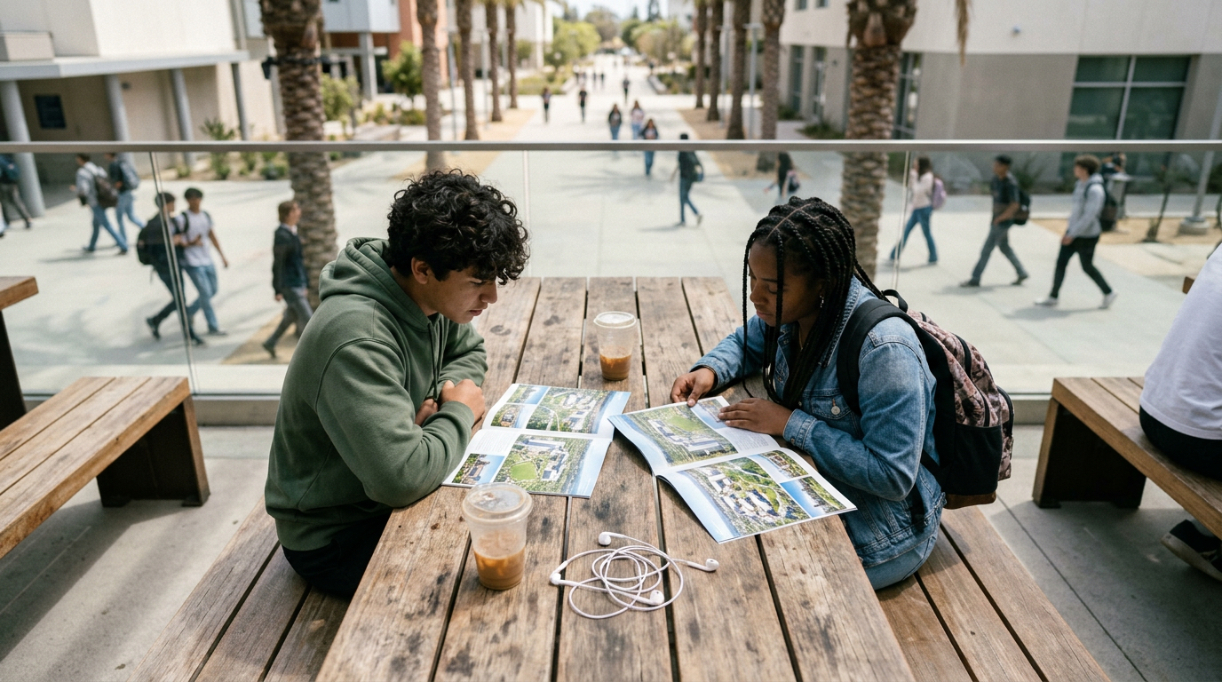 A young man in a green hoodie sits at a rustic wooden table next to a young woman with braided hair, both reviewing colorful pamphlets. They have iced drinks resting nearby. In the background, students walk along a palm-lined pathway, creating a vibrant campus atmosphere.
