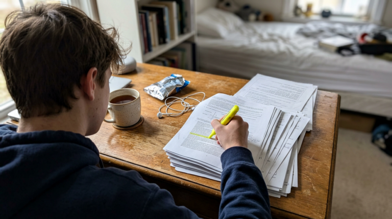 How Ivy League and Highly Selective Colleges Evaluate High School GPAs A young person, clad in a dark hoodie, sits at a wooden desk cluttered with stacks of papers, highlighting text with a yellow marker. A steaming mug rests nearby, accompanied by a snack, while soft natural light filters through a window illuminating the cozy room's slightly unmade bed in the background.