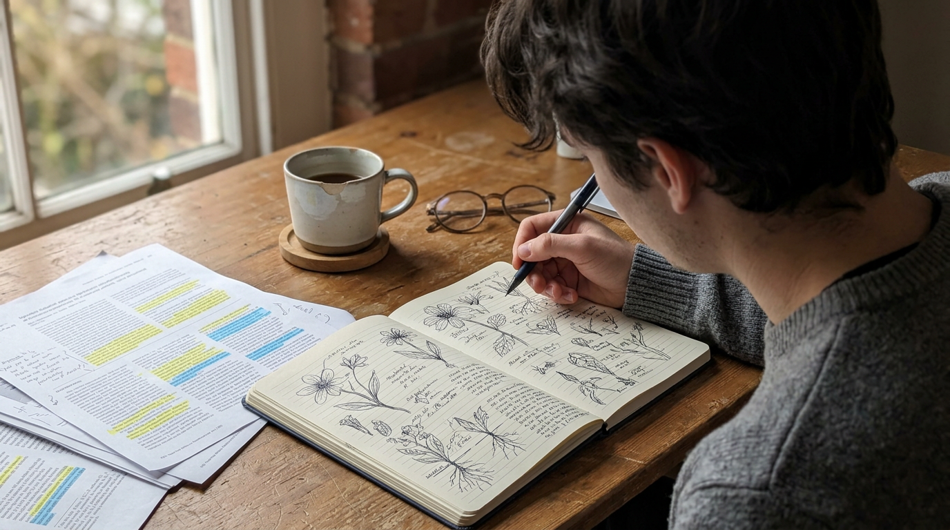 A young person with tousled hair, focused on sketching in an open notebook filled with detailed botanical illustrations. Nearby, a steaming cup of coffee rests on a cork coaster, while scattered papers with colorful highlights lie on a rustic wooden table, illuminated by soft, natural light from a window.