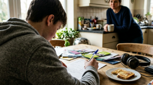 Want an Early “Yes”? Why Rolling-Admissions Schools Belong on Your List A young man, dressed in a cozy gray hoodie, sits at a wooden table, intently writing on a sheet of paper surrounded by colorful brochures. A plate with a slice of toast rests nearby. In the background, a woman in a navy sweater leans against the kitchen counter, holding a mug, as sunlight illuminates the inviting space filled with plants.