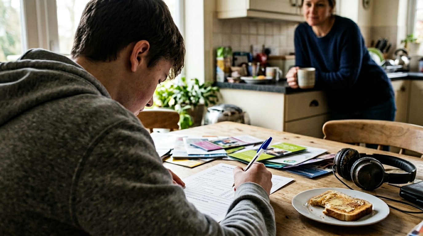 A young man, dressed in a cozy gray hoodie, sits at a wooden table, intently writing on a sheet of paper surrounded by colorful brochures. A plate with a slice of toast rests nearby. In the background, a woman in a navy sweater leans against the kitchen counter, holding a mug, as sunlight illuminates the inviting space filled with plants.
